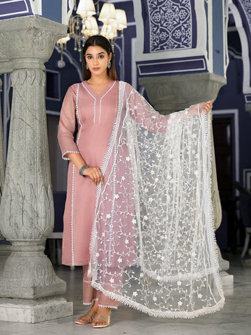 Varanga Women Mauve Kota Check Cotton Lace Kurta With Bottom And Dupatta